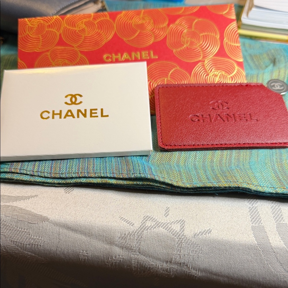 CHANEL Cream Metallic Mirror with Silver and Gold Accents and box and envelope.